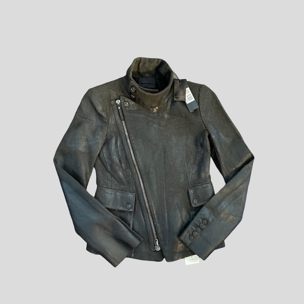 Black Waxed Wool Asymmetrical Zip Women’s Jacket